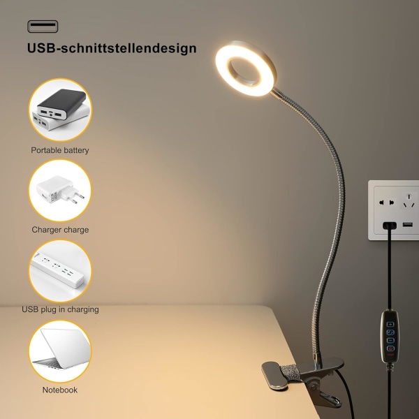 360° Fleksibel LED Klemmelampe, 3 Tilstande og 10 Lysstyrkeniveauer - Fleksibel Klemmelampe til Sengeryg, Soveværelse, Kontor 12W Sølv