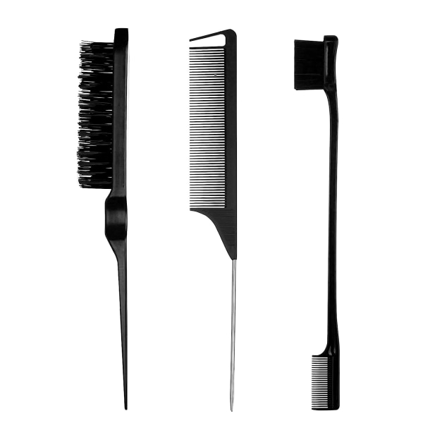 3-delt kammesæt til hårstyling - provokerende børste, rottehalekam, sidebørste til side- og bagbørstning (sort)