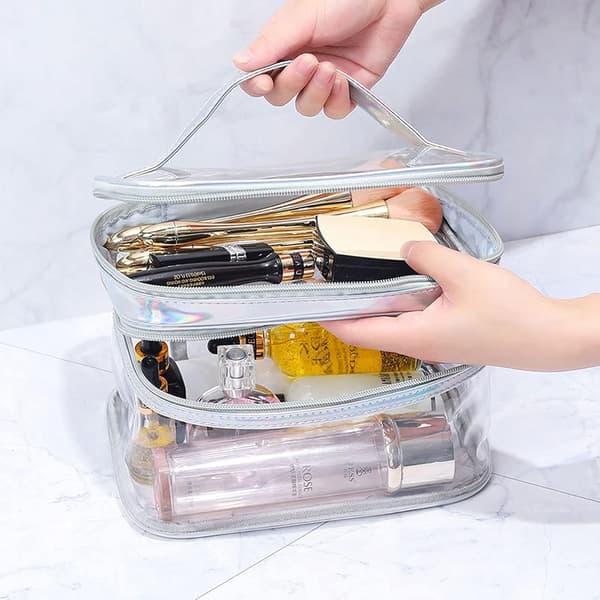 Klar kosmetiktaske Dobbeltlags rejsetoilettasker Make-up organizer Vandtæt børsteholder, sølv Silver