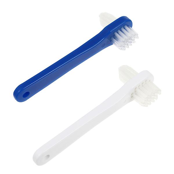 2 förpackningar dubbelhårig tandborste för tandborste T-formad specialtandborste för rengöring av tandproteser (vit + blå)