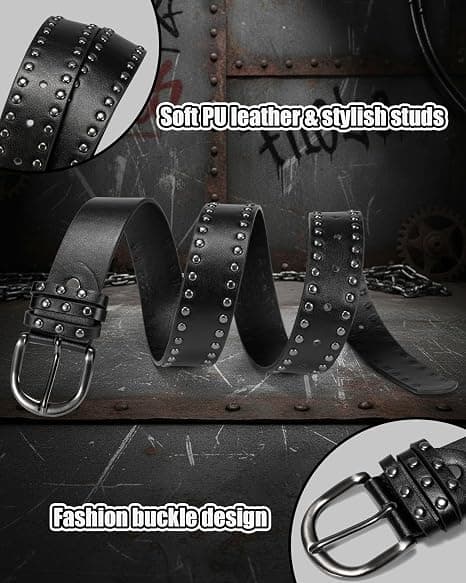 Nitbälte i läder för kvinnor, Punk Goth Grunge Bälte, Emo Bälte för Jeans Byxor Klänningar, 107cm, Svart Black