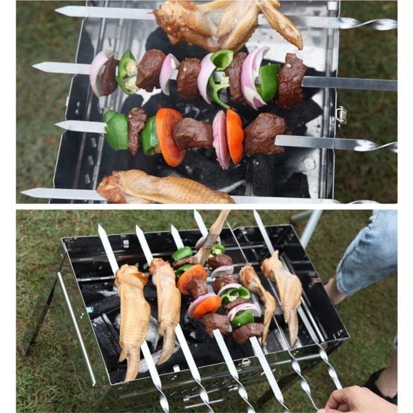 Gjenbrukbare grillspyd i rustfritt stål - Grillspyd - Lange spyd med treskaft - Kjøttspyd til grill - Bål - Ekstra brede