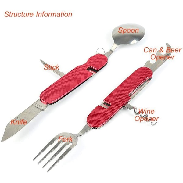 2-pack Vikbart Campingbestick Set Rostfritt Stål Bestick 6 i 1 Multiverktyg Utomhus Överlevnad Resa Vandring Bestick Set Gold and Red