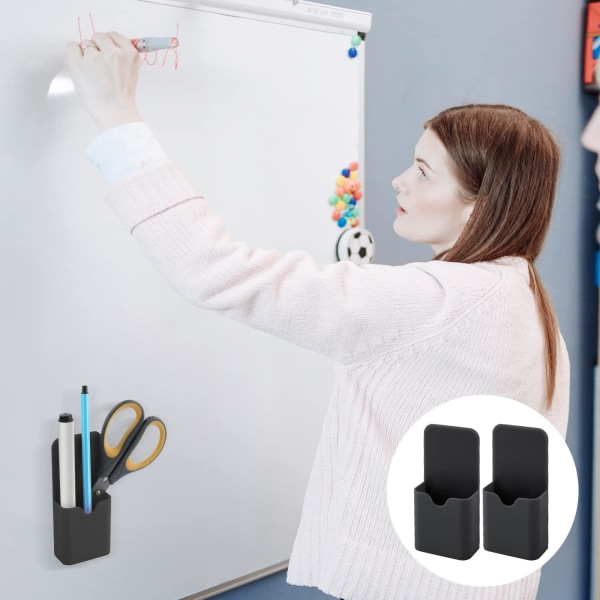 2 st magnetiska pennhållare, magnetiska pennhållare organizer hemmakontorsmaterial för kylskåp whiteboard skåp (svart)