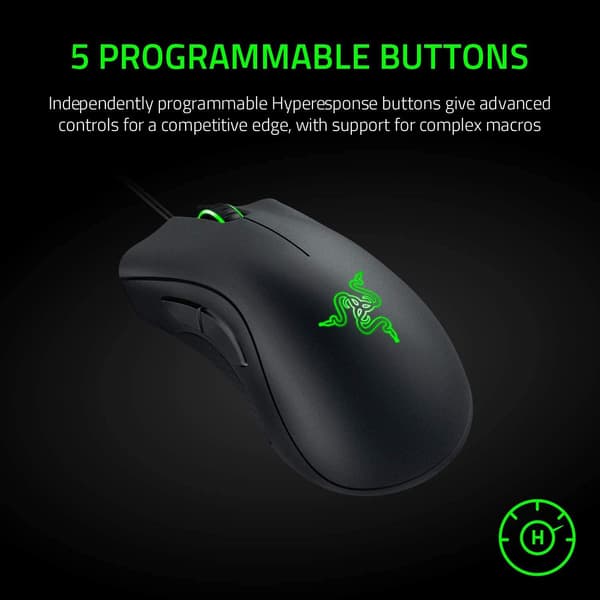 Gaming-mus: 6400 DPI optisk sensor - 5 programmerbare knapper - Mekaniske kontakter - Gummigreb på siderne - Sort