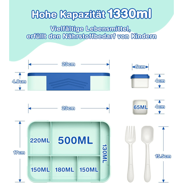 Madkasse til voksne 1330ml Bento Box med 6 rum, med bestiksæt, lækagesikker madkasse, blå