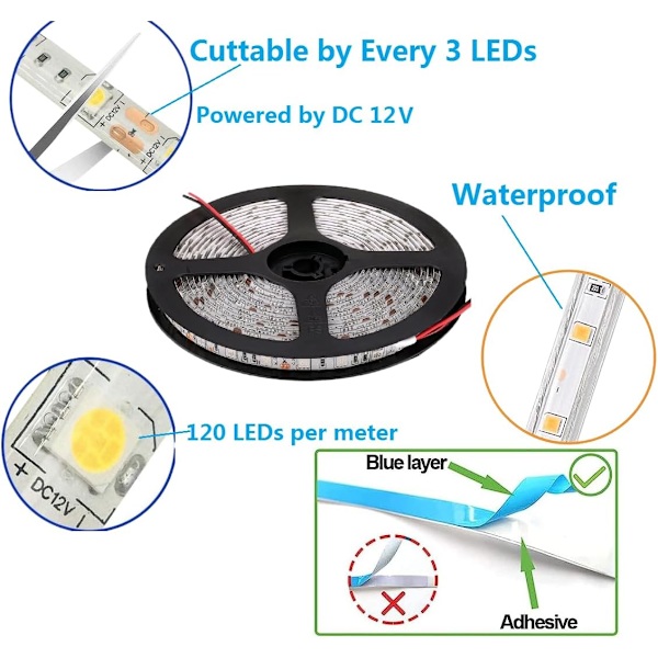 Joustavat LED-nauhat, vedenpitävät, 12 voltin LED-nauhat, 16,4 jalkaa/5 m, joulu-/juhla-/sisä-/ulkokoristeluun (valkoinen)
