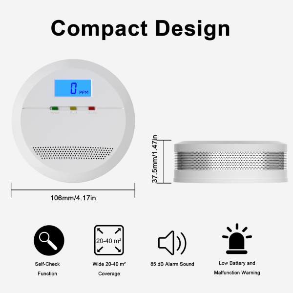 Karbonmonoksiddetektor, med digitalt display, utskiftbart batteri CO-alarm