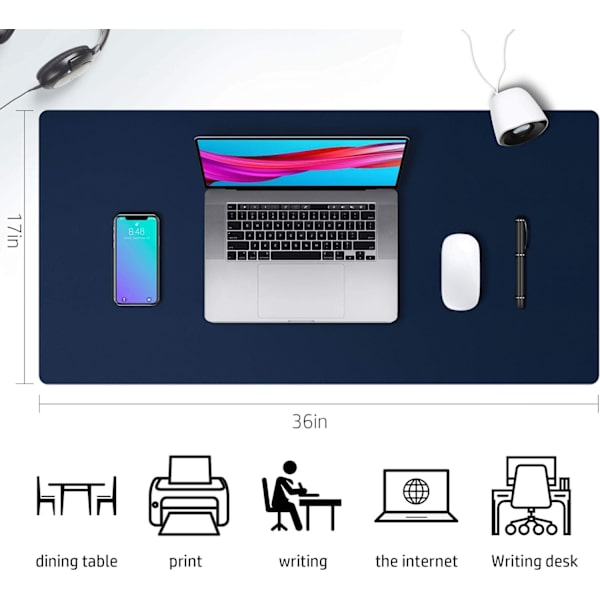 Læder Skrivebordsunderlag, Skridsikker PU Læder Skrivebordsunderlag, Laptop Skrivebordsunderlag, Vandafvisende Skrivebordsunderlag til Kontor og Hjem Dark Blue 36" x 17"
