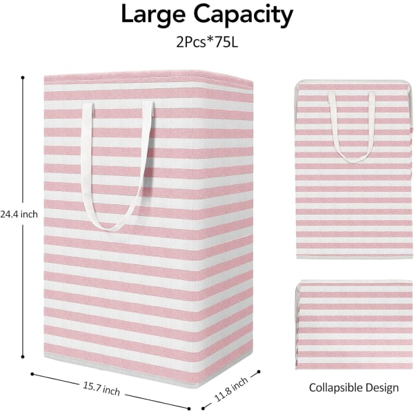 Tøykurv 75L sammenleggbar stor kleskurv med enkle bærehåndtak frittstående vanntett kleskurv Pink 2 pack