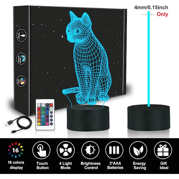 Kat Natlampe til Børn, 3D Sengelampe Kitty Illusion Natlampe LED Fjernbetjening 16 Farveskift, Soveværelsesindretning