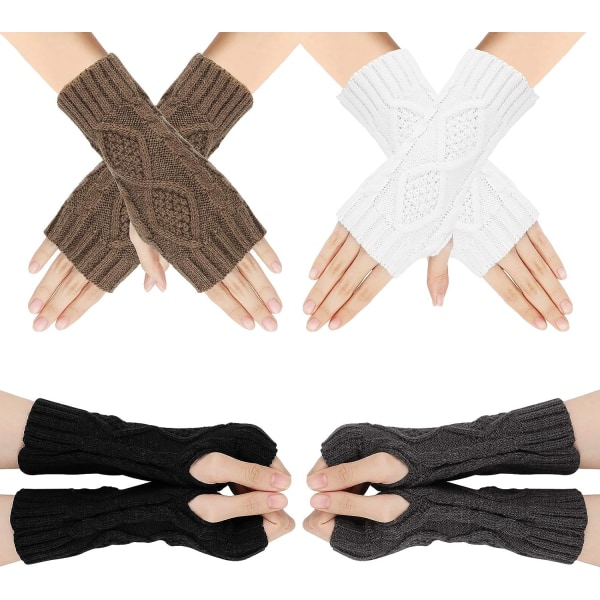 4 par stickade fingerlösa handskar, varma tumhålshandskar för kvinnor på vintern, klassiska stickade varma handskar