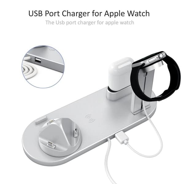 Latausasema matkapuhelimelle, Apple Watchille ja AirPodeille - Induktio Silver