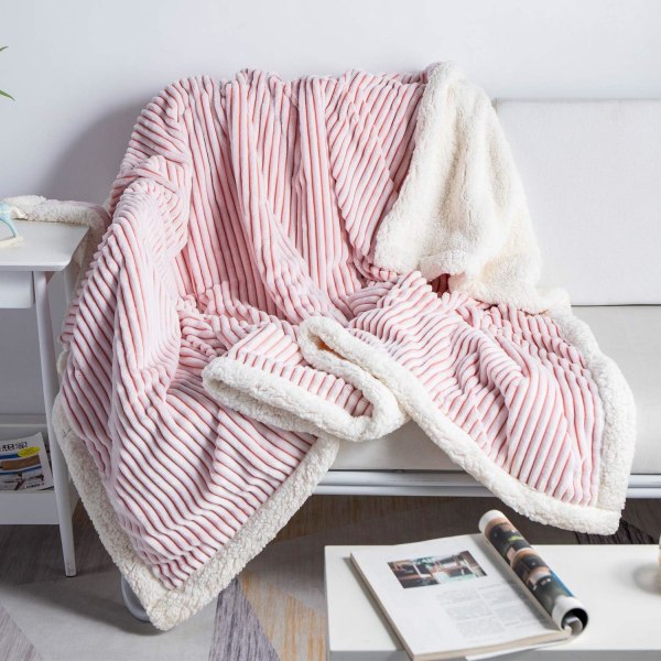 Fleecefilt Reversibel Sherpa Flanellfilt Mjuk Fuzzy Plysch Fluffig Filt Varm Mysig med Rand Perfekt Pläd för Alla Säsonger Pink 60"x80"