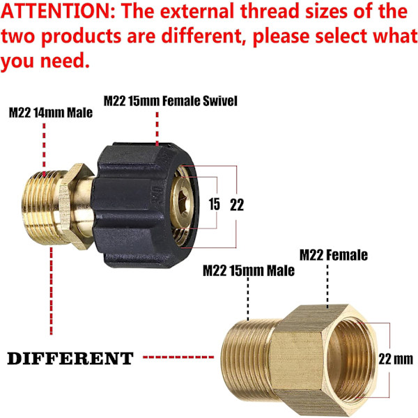 Trykvaskefitting M22 15mm 2# M22 15mm Hun til M22 14mm Han