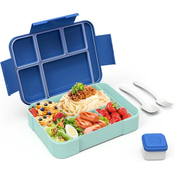 Lunchlåda för vuxna 1330 ml Bentolåda med 6 fack, med bestickset, läcksäker lunchlåda, blå