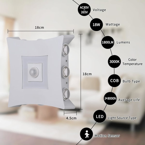 18W LED Moderne Udendørs Indendørs Væglampe med PIR Bevægelsessensor, 3000K Varm Hvid Have Aluminium Væglampe, Hvid