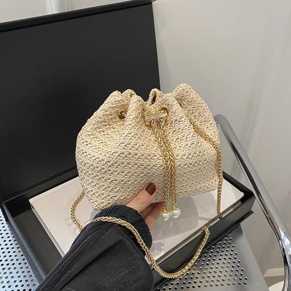 Handväska för kvinnor, vävd halmkoppling, sommarstrand, aftonkoppling, axelväskor med metallkedja för festbröllop