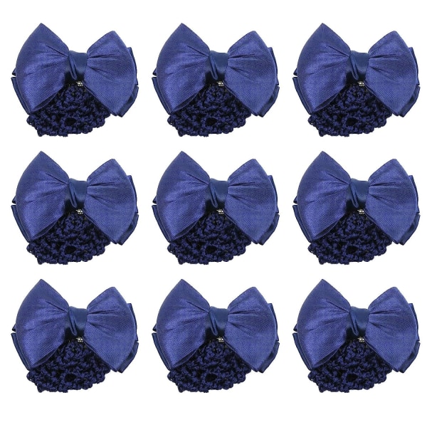 9 Pieces Bowknot Snood Net Barrette Hair Clip Bun Cover Hairnet Lace Bow Decor for Woman, Blue