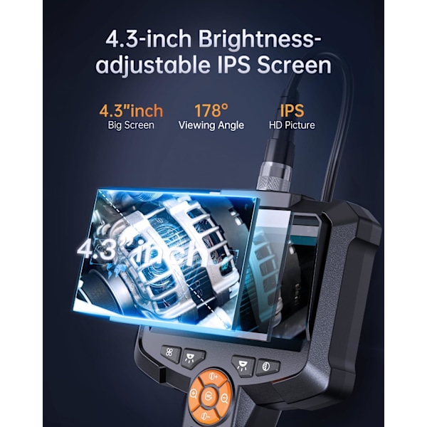 Endoskop Inspektionskamera, 4,3'' IPS Skærm 1080P HD Digitalt Boroskop Inspektionskamera, 5 meter Semi-Rigid Kabel