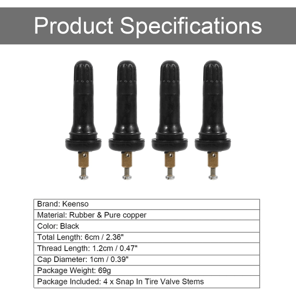 4 stk TPMS ventilstamme, dekktrykk sensor ventilstamme bil dekkventil TPMS dekkventil