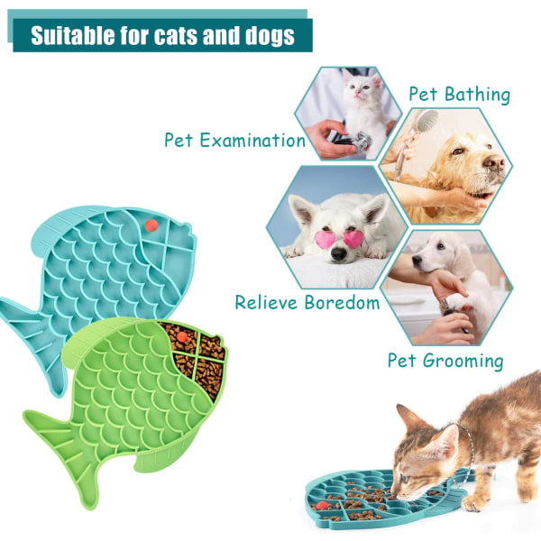 2-pack fiskformad kattslickmatta för katter. Hundar, ångestlindring, kattpusselmatare, kattskål, roligt alternativ till kattskål med långsam matare.