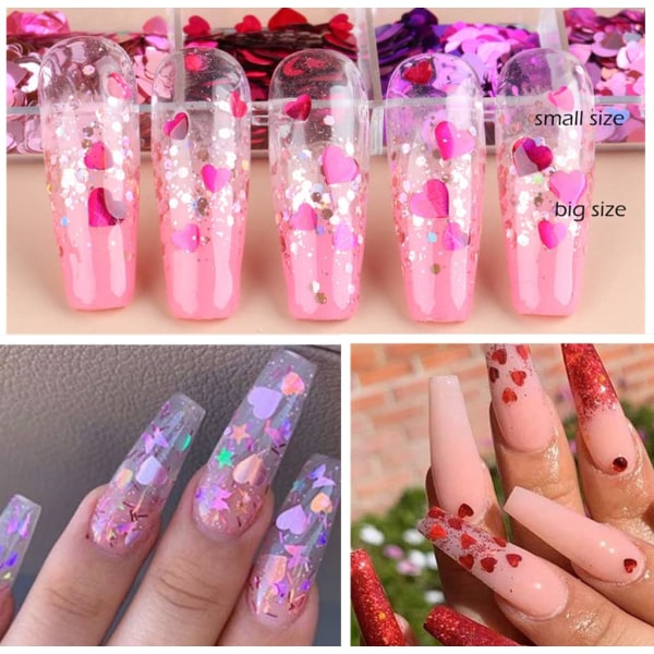 3D Hjärtformade Glitter Sequins för Naglar - Alla hjärtans dag - Dekaler för Naglar - Kärleksglitter