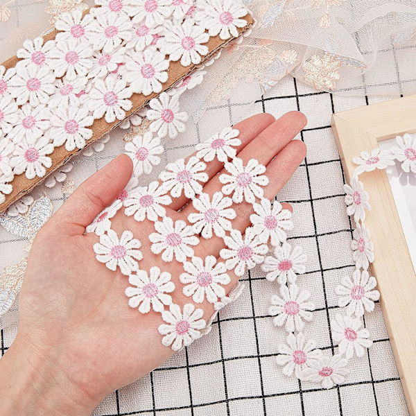 15 metriä Daisy-nauhaa, leveys 25 mm, Daisy Sun Flower -koristenauhat, kirjotut ompelunauhat mekkojen koristeluun, DIY, vaaleanpunainen