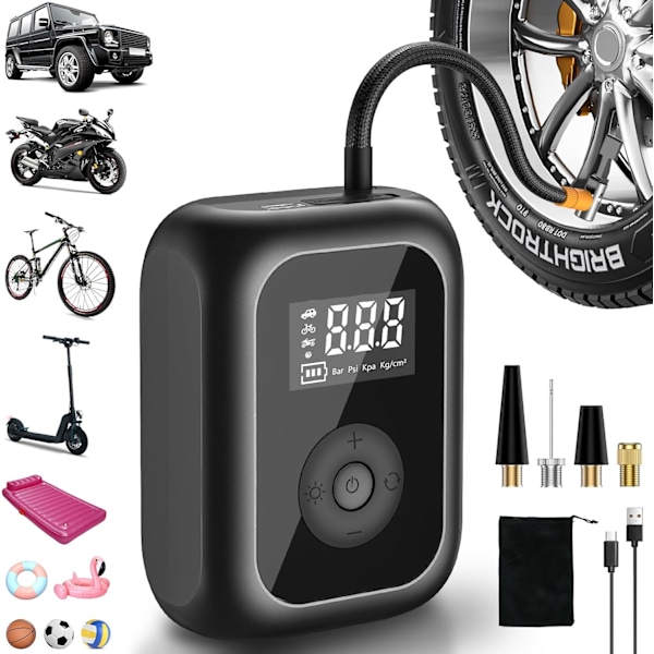 Ilmapumppu Schrad Portable Air Compressor 2000mAh: Mini sähköinen ilmapumppu 10.3Bar/150PSI, digitaalisella näytöllä ja LED-valolla sekä 4 tilalla