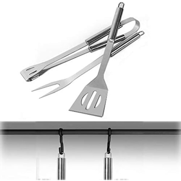 3 stk. BBQ Grill Værktøjssæt, Grillredskabssæt i rustfrit stål med bæretaske, spatel, tang og gaffel BBQ værktøj