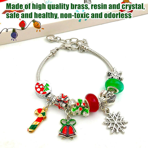 Adventskalender Set, 24 dagar julnedräkningskalender med 2 armband, 22 charms - Jul smycken DIY charm armband gör-det-själv-kit Silver