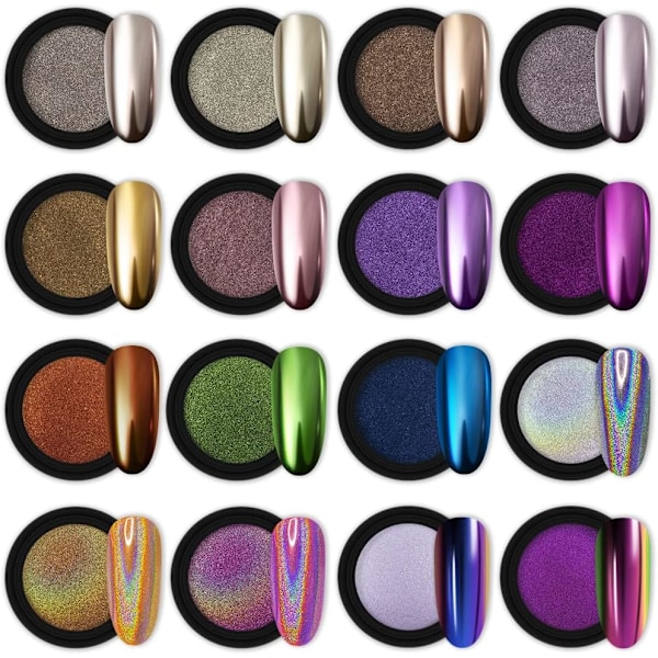 16 burkar krom nagelpulver nagelkonst glitter dekoration metallisk spegeleffekt holografisk aurora kameleont pigmentpulver 1g/burk pärla