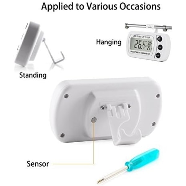 Kjøleskapstermometer, Vanntett Kjøleskap Fryser Termometer Temperaturmonitor Enkel å lese LCD-skjerm med krok (Hvit, 1-pakning)