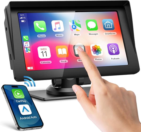 Tommer Trådløs Carplay Bil, Touch Screen Car Play og Android Auto, Bærbar Bil Stereo med Bluetooth 5.0, FM Transmitter, AUX