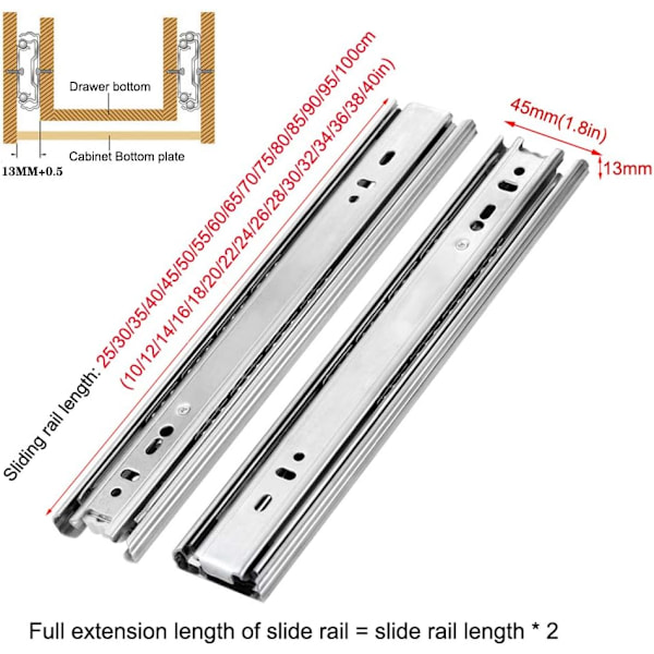 Pakke med 2 mini skuffeskinner, kulelager full uttrekk skuffeskinner, sidemontert, ultra-stille 32.5CM