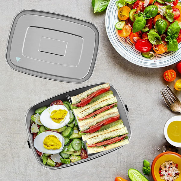 Läckagesäker lunchlåda, rostfritt stål 1100ML Bento-låda med 2 fack, matlåda för smörgåsar och sallader