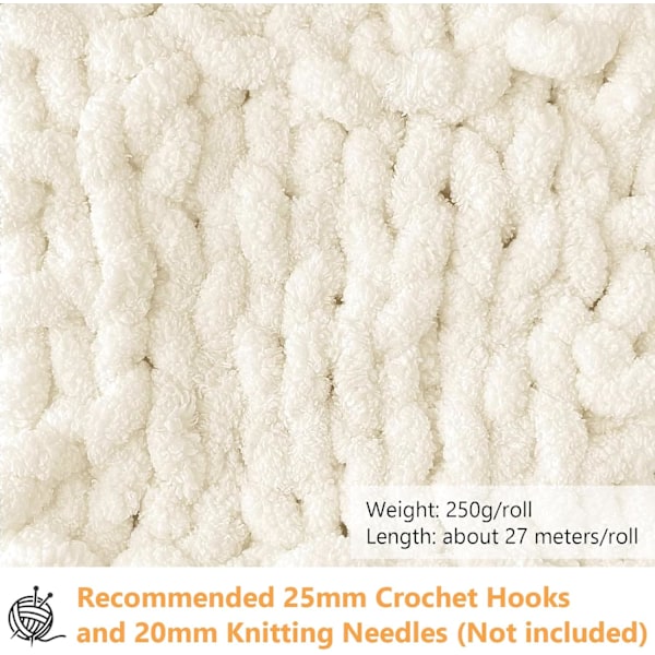 500g (250gx2) Chunky Garnboll ca 54m Chenille Chunky Pälsgarn Mjuk Ull Chunky Garn Mjuk Stickgarn för Virkade Filtar Halsdukar Hattar cream white