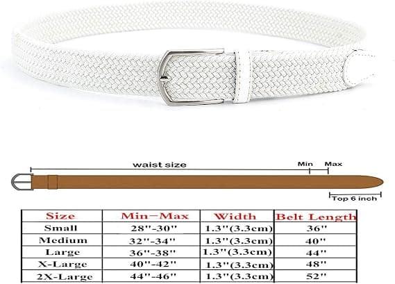 Flettet lærreds elastisk stretch bælte til mænd/kvinder/junior (hvid) 110 cm, XL
