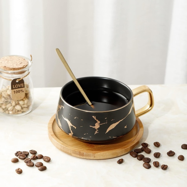Marmor Keramisk Kaffe Kopp Set Te Kopp Med Sked Trä Fat Valentine's Day Mors Dag Damer Herrar Mamma Vänner Lärare Mormor