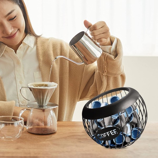Kaffe Kapsel Oppbevaringskurv Metall Kaffe Pod Skålholder Stor Kapasitet K Cup Holder Kaffe Pod Oppbevaringskopp for Kaffe Bar, Kaffe Pod, Svart