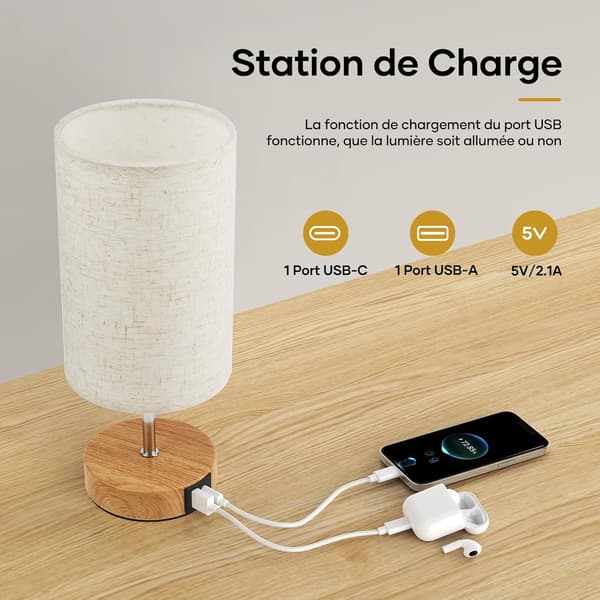 Touch Nattbordslampe Sett med 2 med USB-A + USB-C Ladeport, 3-veis dimbar, linskjerm