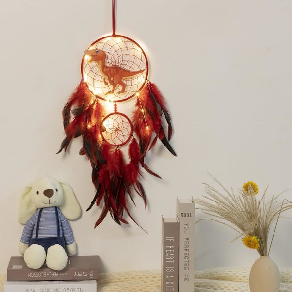LED Drømmefanger, Rød Dinosaur Barnerom Søt Drømmefanger med Lys som Gaver, Bryllup/Vegghengende Ornamenter Håndverk