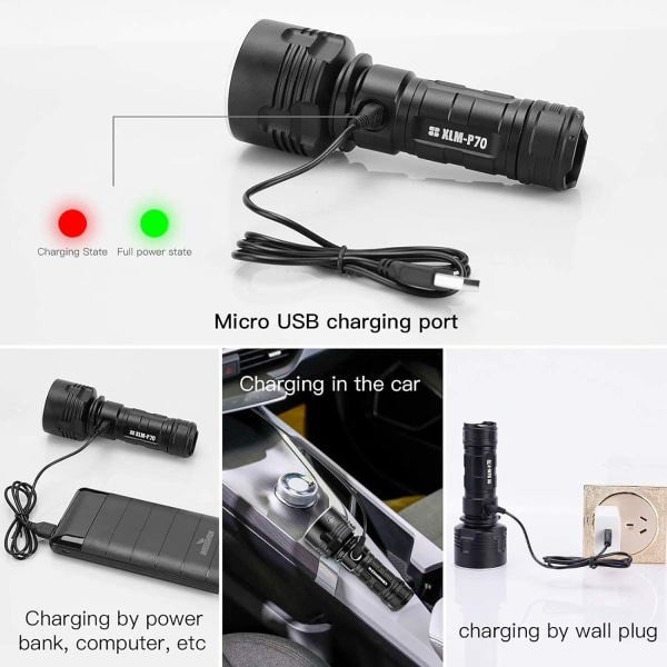 30000-100000 lumen kraftig LED superlys vanntett lommelykt, 3 moduser høy lysstyrke USB oppladbar lommelykt