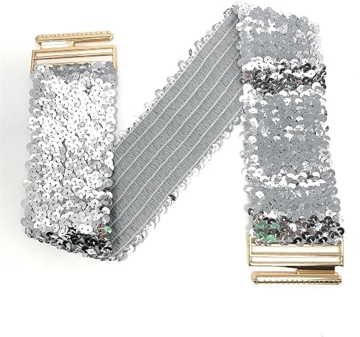 Paljettbälte för kvinnor med elastisk stretch och guldfärgat spänne midjeband korsett, silver Silver