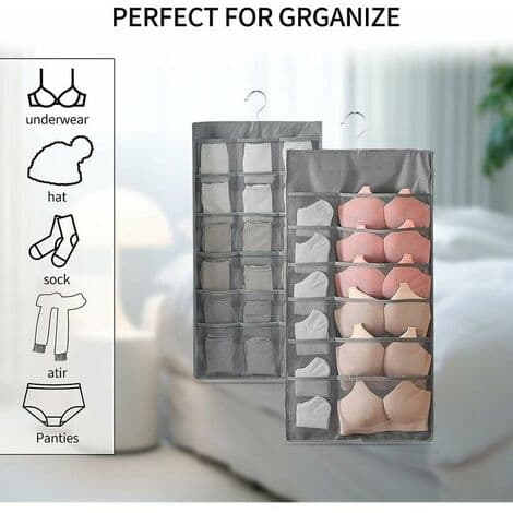 2 stk. Hængende Organizer Undertøjs Organizer Vendbar Garderobe Hanger Stativ til BH'er, Undertøj, Slips, Strømper, 30 Lommer, Grå
