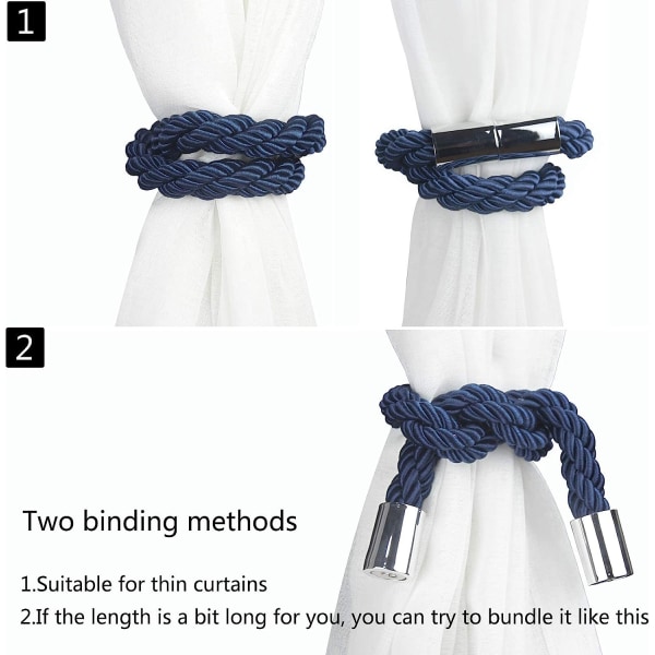 Magnetiska gardinbindare, 2-pack modern enkelhet gardinrep med stark magnet, flätad repgardinhållare dekoration (blå)