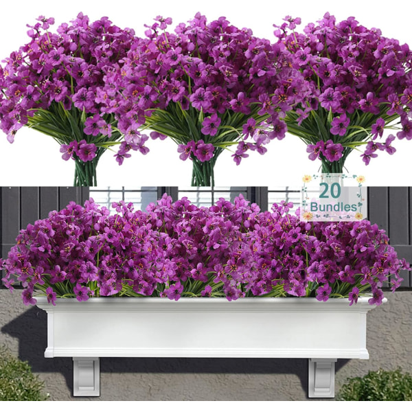 Artificial Flowers Outdoor 20 Bundles Artificial Plants UV Resistant Fake Plants for Outdoors Outside Front Porch Purple