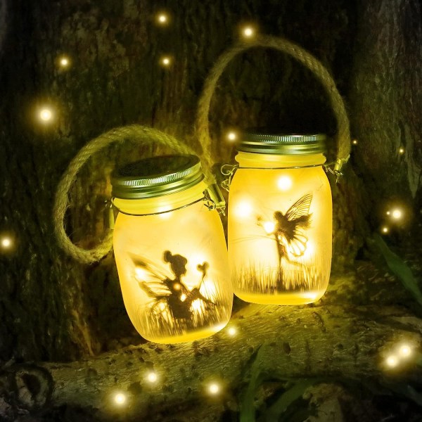 MLOQI 2-Pack Solar Lantern Outdoor Pendant Lights, Butterfly Fairy in Glass Vase, Solar Garden Lights, Outdoor Decoration (Warm White)