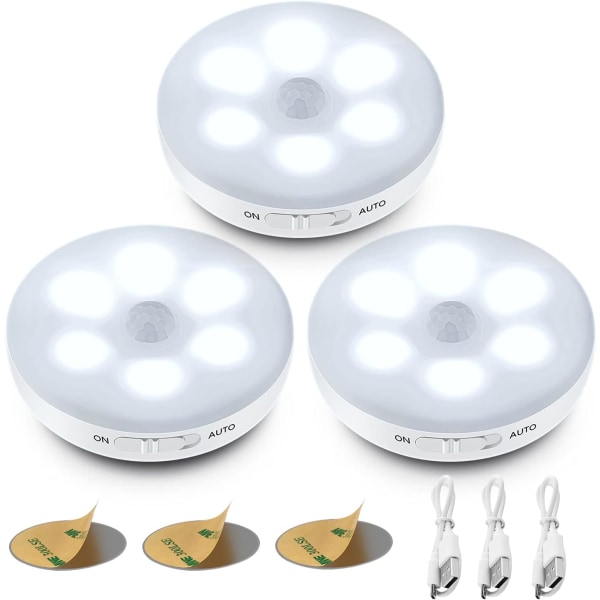Automatisk LED-nattlampa 3-pack, Rörelsesensorlampa, Självhäftande, USB-laddningsbar