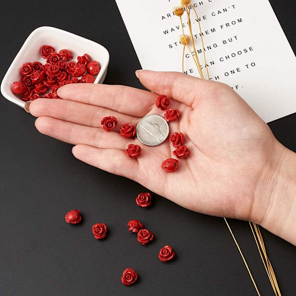 50 st röda rosen cinnoberpärlor detaljerade snidade blomstermellanpärlor 12 mm rosenblad länkar berlocker pärlor för Alla hjärtans dag smyckestillverkning  Dekoration
